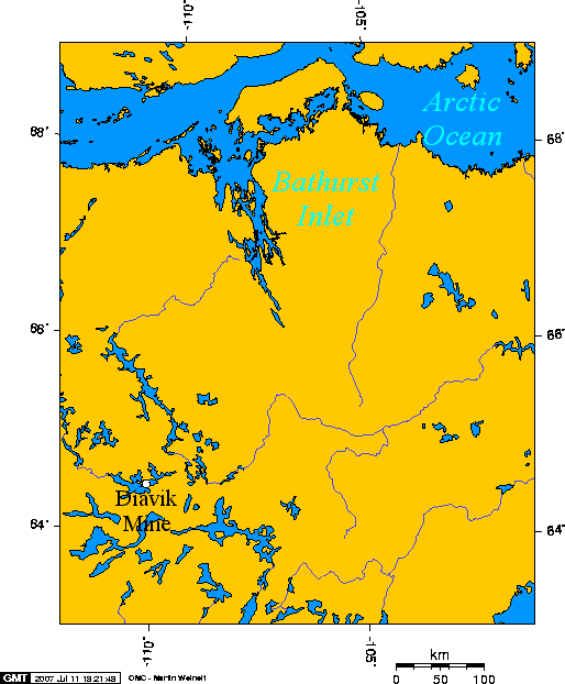 Lambert Projection showing the Diavik Diamond Mine, near Barthurst Inlet, Nunavut.png