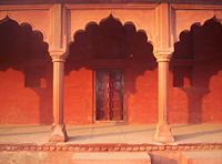 Bazaar in the Jilaukhana street, showing the cusped arches and column capitals typically of Shah Jahani architecture.