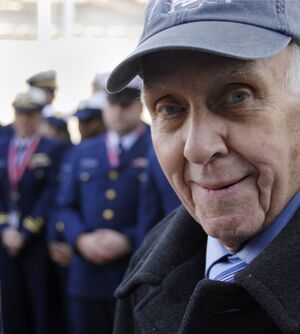 Coast Guard Seaman 2nd Class Seymour Wittek, a World War II veteran, smiles for a portrait before he is awarded the Coast Guard Commendation Medal, at the Intrepid Sea Air and Space Museum Nov. 11, 2008.jpg