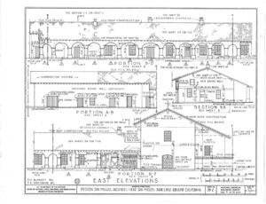 (PD) Drawing: U.S. Historic American Buildings Survey Elevation drawings of Mission San Miguel Arcángel as prepared by the Historic American Buildings Survey in 1937.