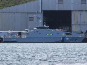 PSS Remeliik II, Guardian class patrol boat, at Austal shipyards in Henderson, Western Australia, March 2020 03.jpg