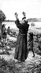 (PD) Drawing: Alexander Harmer The Ship! The Ship! California is saved! Father Serra rejoices at the sight of the packet ship San Antonio entering San Diego Bay on March 19, 1770 with desperately-needed food and supplies. The San Carlos rests at anchor just offshore.[1]