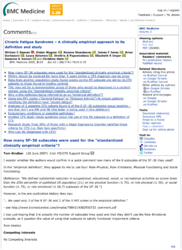 Examples of article comments on BioMed Central. The comments shown are for an article published in BMC Medicine. Full names and affiliations are typically given and commenters also indicate conflicts of interest. Readers must also be logged in to comment. Note that conversations are not threaded—meaning that replies cannot be formally directed towards specific comments—though commenters sometimes indicate whether their comment pertains to a specific comment via the “re:” designation in the comment title.