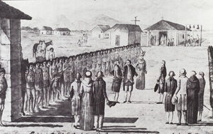 (PD) Drawing: José Cardero French Explorer Jean-François de La Pérouse is received at Mission Carmel in 1786.