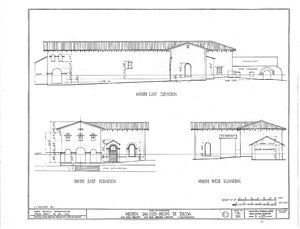 (PD) Drawing: Historic American Buildings Survey An elevation drawing of the Mission San Luis Obispo chapel as prepared by the U.S. Historic American Buildings Survey in 1937.